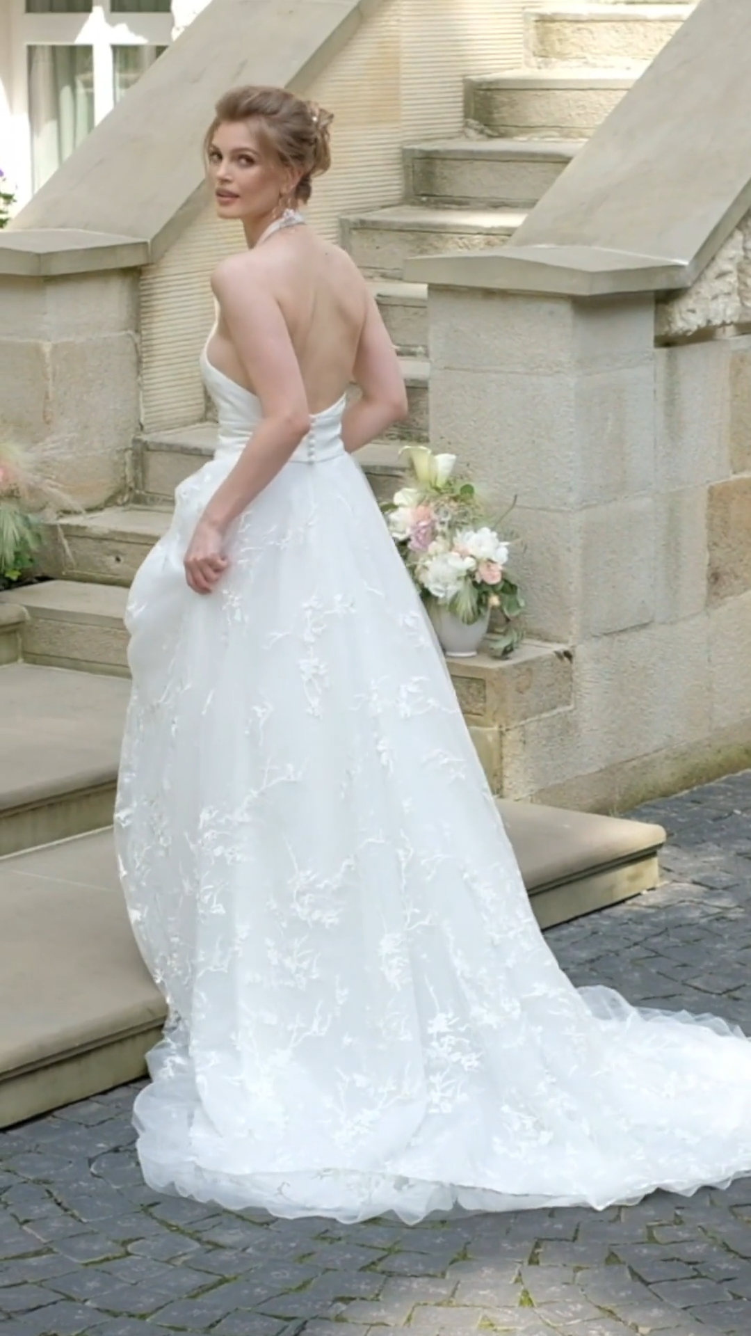 Moonlight Tango T959 Trendy Halter Neck and Open Back Full A-Line Garden Inspired Wedding Dress
