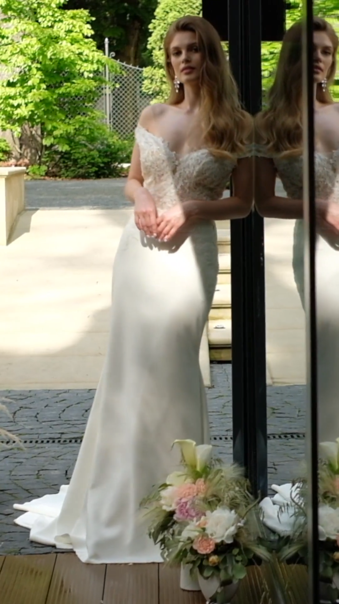 Moonlight Tango T960 Elegant and Sexy Off-The-Shoulder Crepe and Lace Appliques Mermaid Wedding Dress Moonlight Tango T960 Elegant and Sexy Off-The-Shoulder Crepe and Lace Appliques Mermaid Wedding Dress