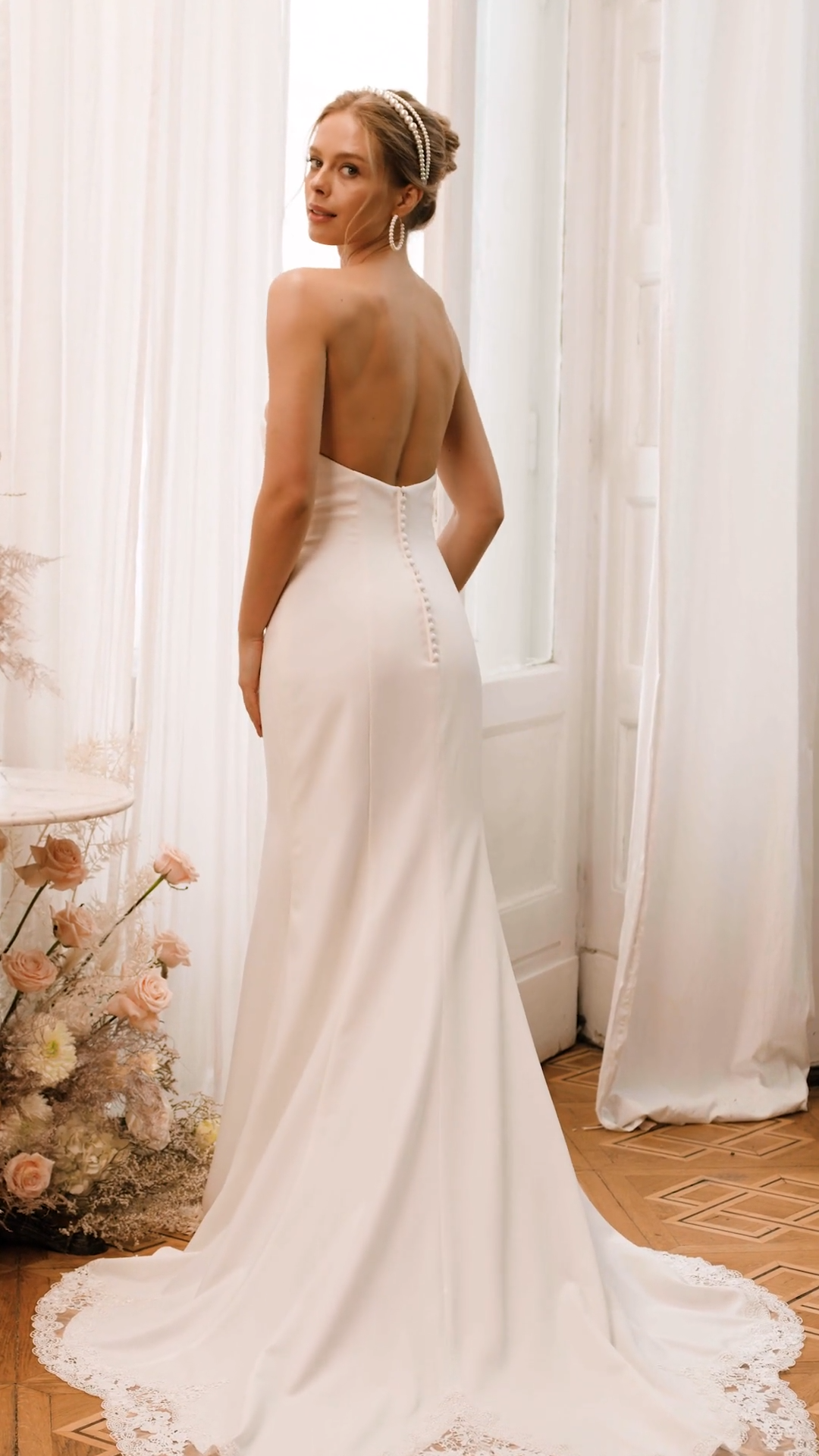 Moonlight Tango T964 Strapless Crepe Mermaid Dress with Cutout Lace Train Moonlight Tango T964 Strapless Crepe Mermaid Dress with Cutout Lace Train
