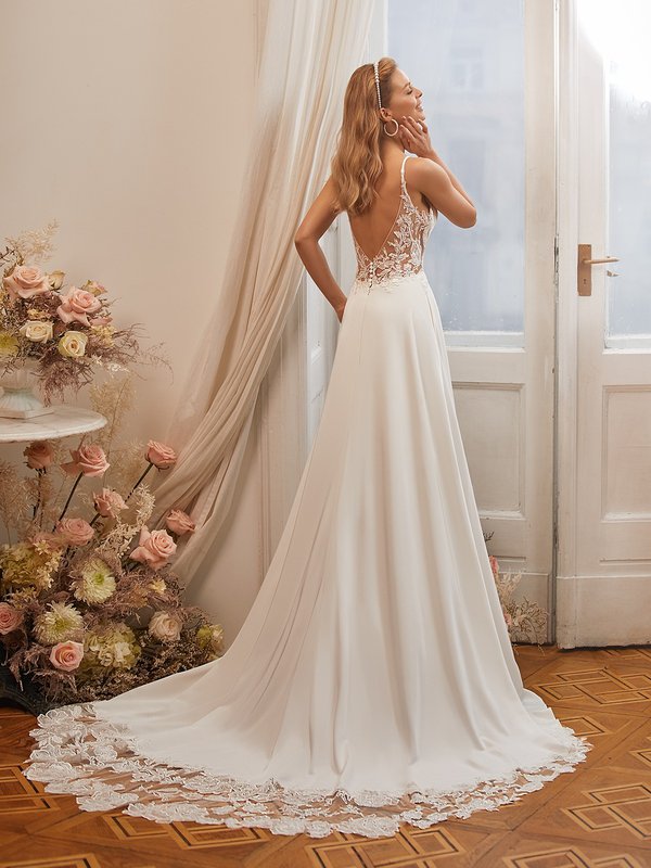 Crepe A-Line Bridal Gown With Lace Cutout Train Moonlight