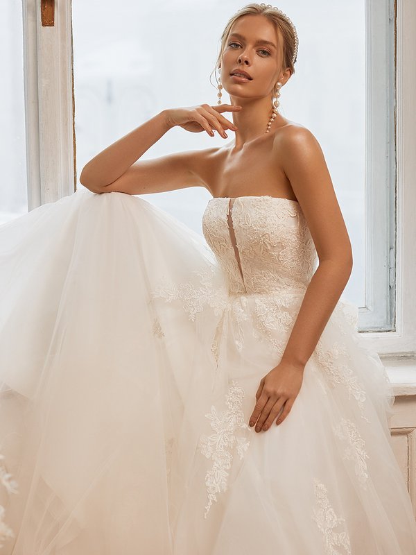 Moonlight Tango T967 Boho-Inspired Straight Neck with Illusion Inset Tulle and Lace Appliques Ball Gown