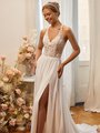 Moonlight Tango T968 Unlined Halter Neck with Lace Appliques Bodice and Chiffon A-Line with Front Slit