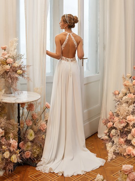 Stunning Keyhole Back Chiffon A-Line with Sweep Train Moonlight Tango T968