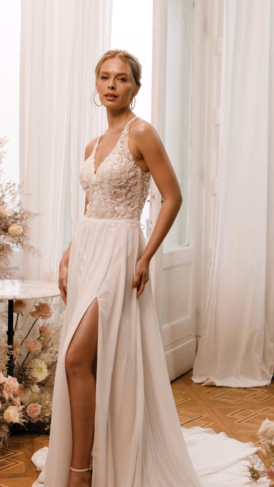 Moonlight Tango T968 Beautiful Lace Appliques Halter Neck and Chiffon A-Line with Front Leg Slit