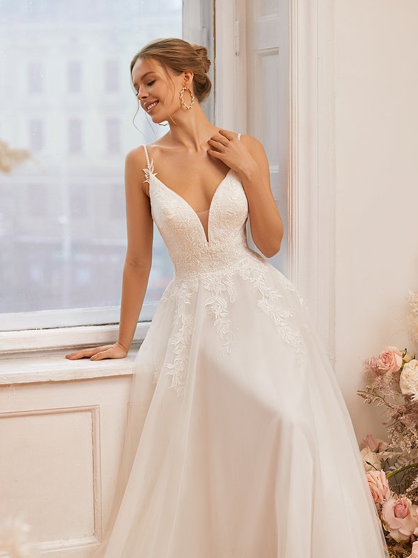 Moonlight Tango T969 Classy Deep Sweetheart with Beaded Straps Soft Tulle A-Line Wedding Dress