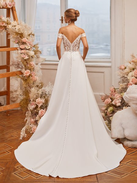 Illusion Open V-Back Crepe Back Satin A-Line Dress with Sweep Train Moonlight Tango T971
