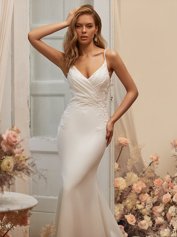 Moonlight Tango T973 Surplice V-Neck with Beaded Straps and Lace Appliques Crepe Mermaid