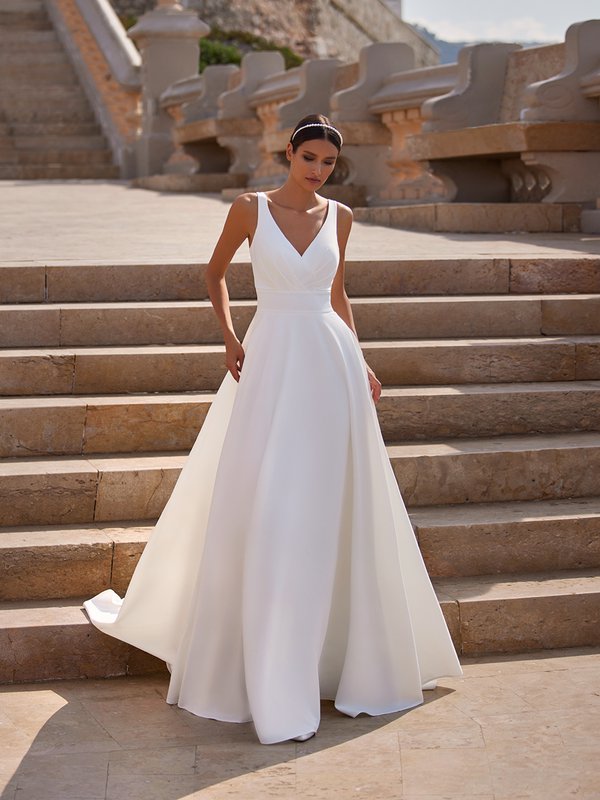 Simple V-Neck Crepe A-Line Bridal Gown with Pockets