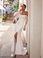 Trendy Pearls Scattered Crepe Back Satin with Scoop Neck and Sexy Front Leg Slit Wedding Dress