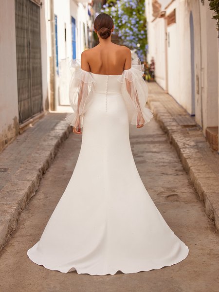Open Back and Sweep Train Mermaid Wedding Gown with Detachable Off-Shoulder Long Poet Sleeves