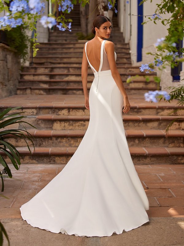 Deep Illusion V-Back Mermaid Crepe Wedding Dress with Buttons Along Zipper and Sweep Train