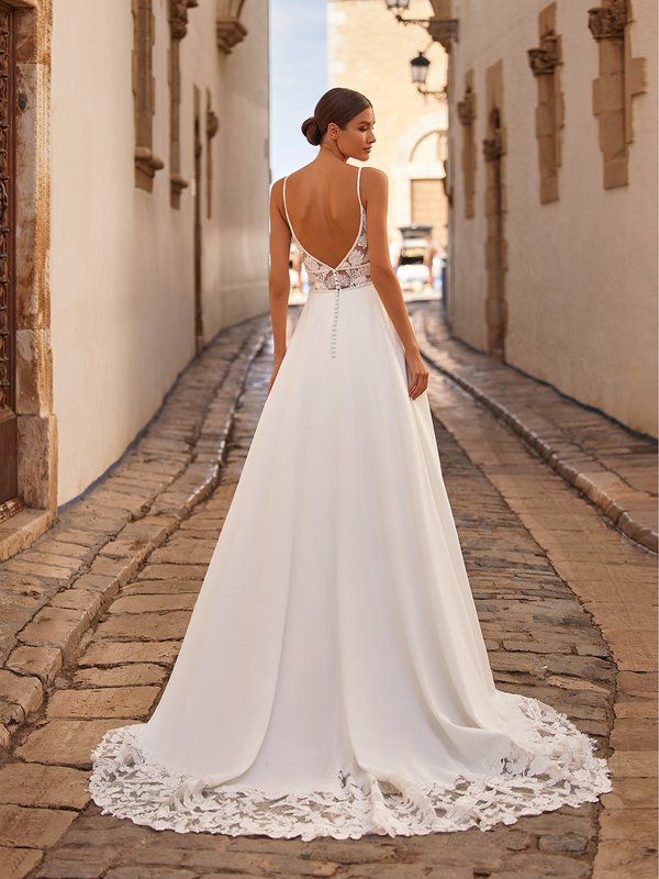 Deep Illusion Back Full A-Line Wedding Dress With Beaded Trim Necklines and Side Pockets Deep Illusion Back Full A-Line Wedding Dress With Beaded Trim Necklines and Side Pockets