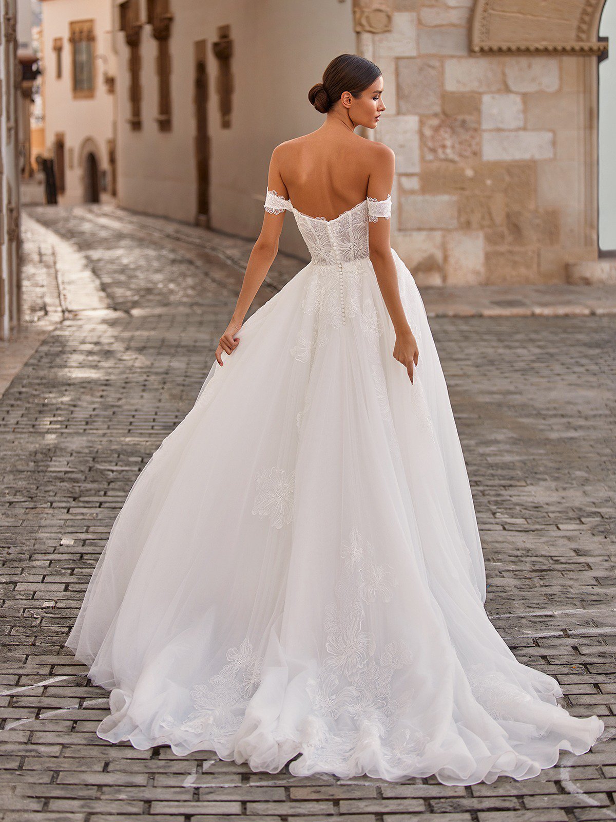 Strapless Floral Tulle A-Line Gown with Swag Sleeves Strapless Floral Tulle A-Line Gown with Swag Sleeves