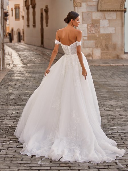 Illusion Open Back with Lace Off Shoulder Sleeves and Buttons Along Zipper A-Line Bridal Gown