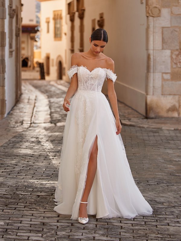 Boho Chic Sweetheart Sheer Bodice A-Line Wedding Dress with Thigh High Slit and Off The Shoulder Sleeves