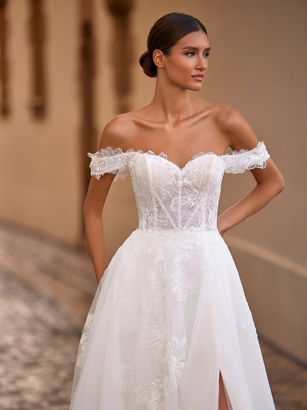 Strapless Floral Tulle A-Line Gown with Swag Sleeves