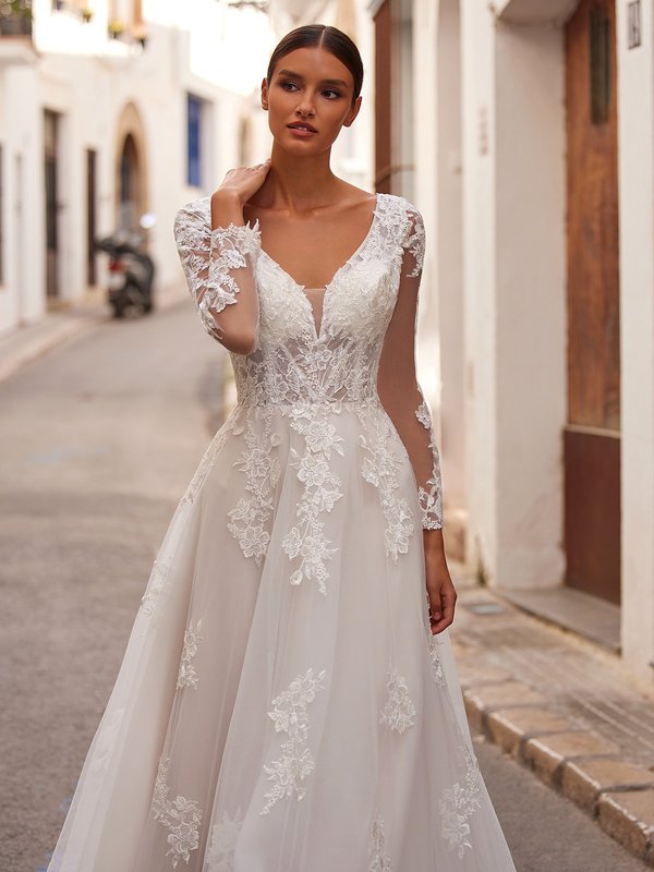 Unlined Deep Sweetheart with Illusion Inset  Wedding Dress and Long Sleeves