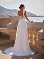 Beach Chiffon A-Line Wedding Dress with Illusion Corset Back, Capp Sleeves, and Sweep Train