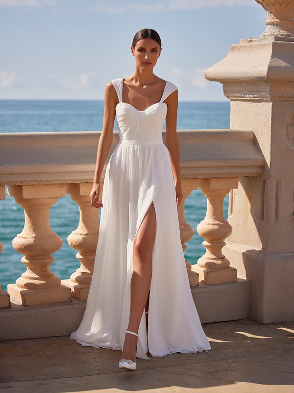 Sweetheart with Cap Sleeves Ruched Bodice A-Line with Sexy Front Leg Slit