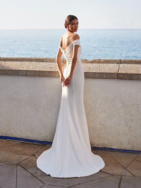 Ruched Crepe Back Satin Off-Shoulder Mermaid Wedding Dress with Buttons to end of Sweep Train